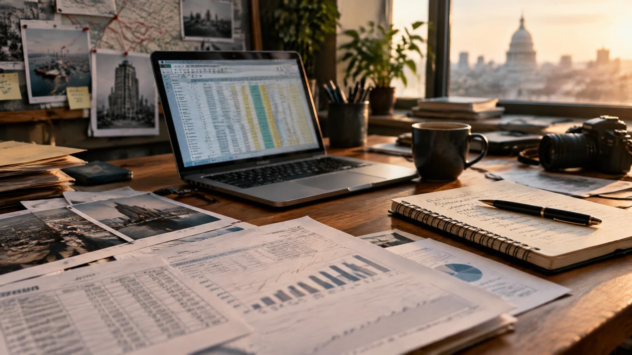 Journalist reviewing financial documents at a desk with a laptop