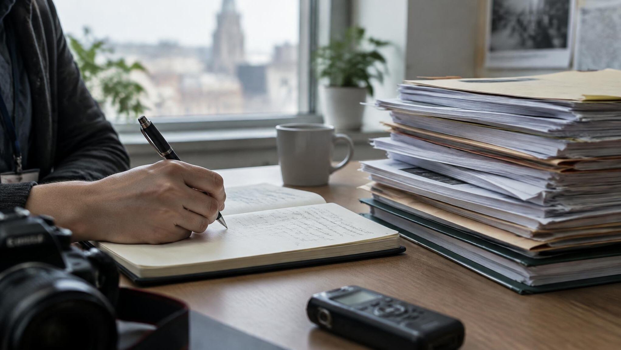 Journalist writing notes beside a stack of printed reports