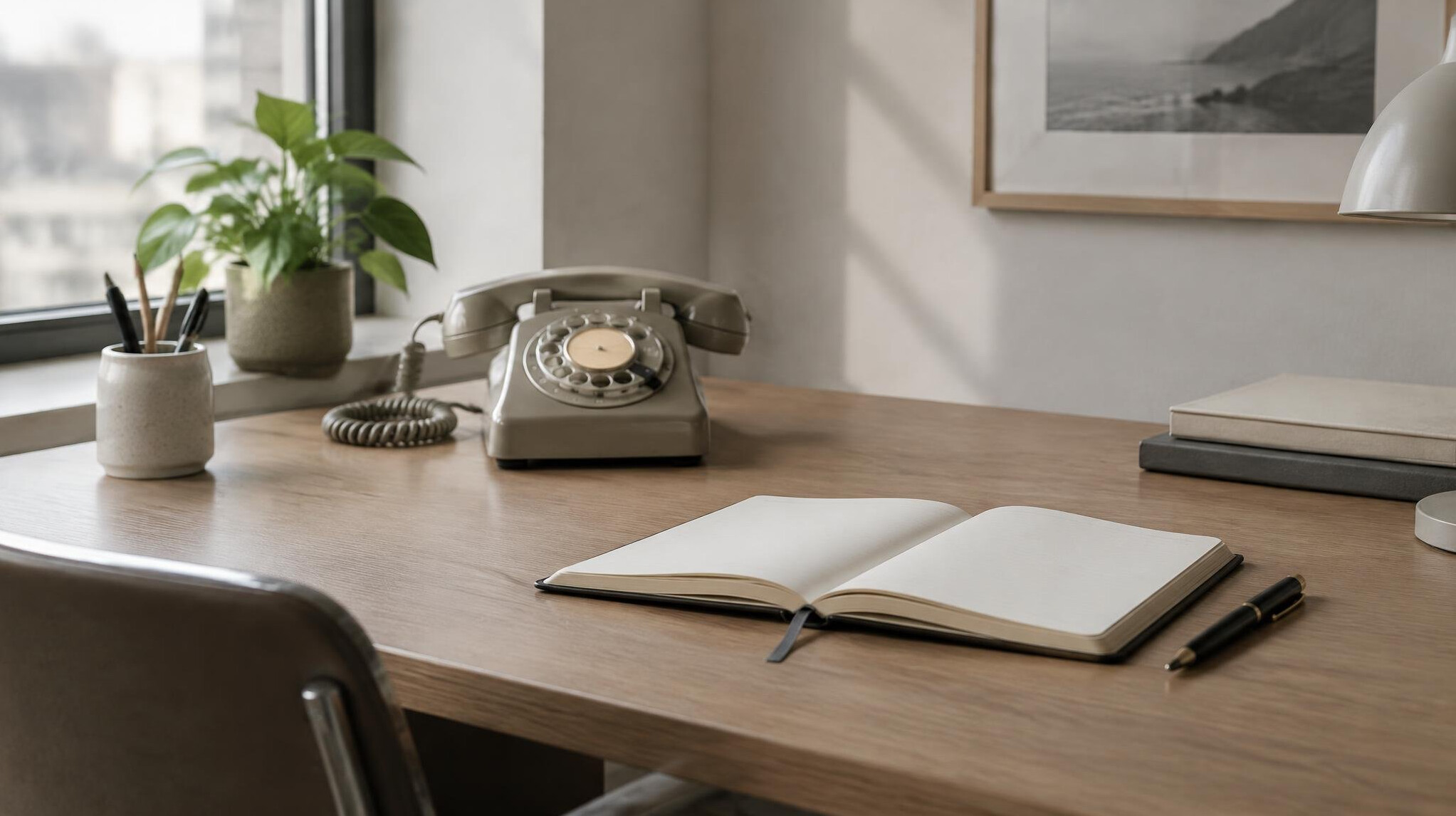Quiet office workspace with a phone and open notebook